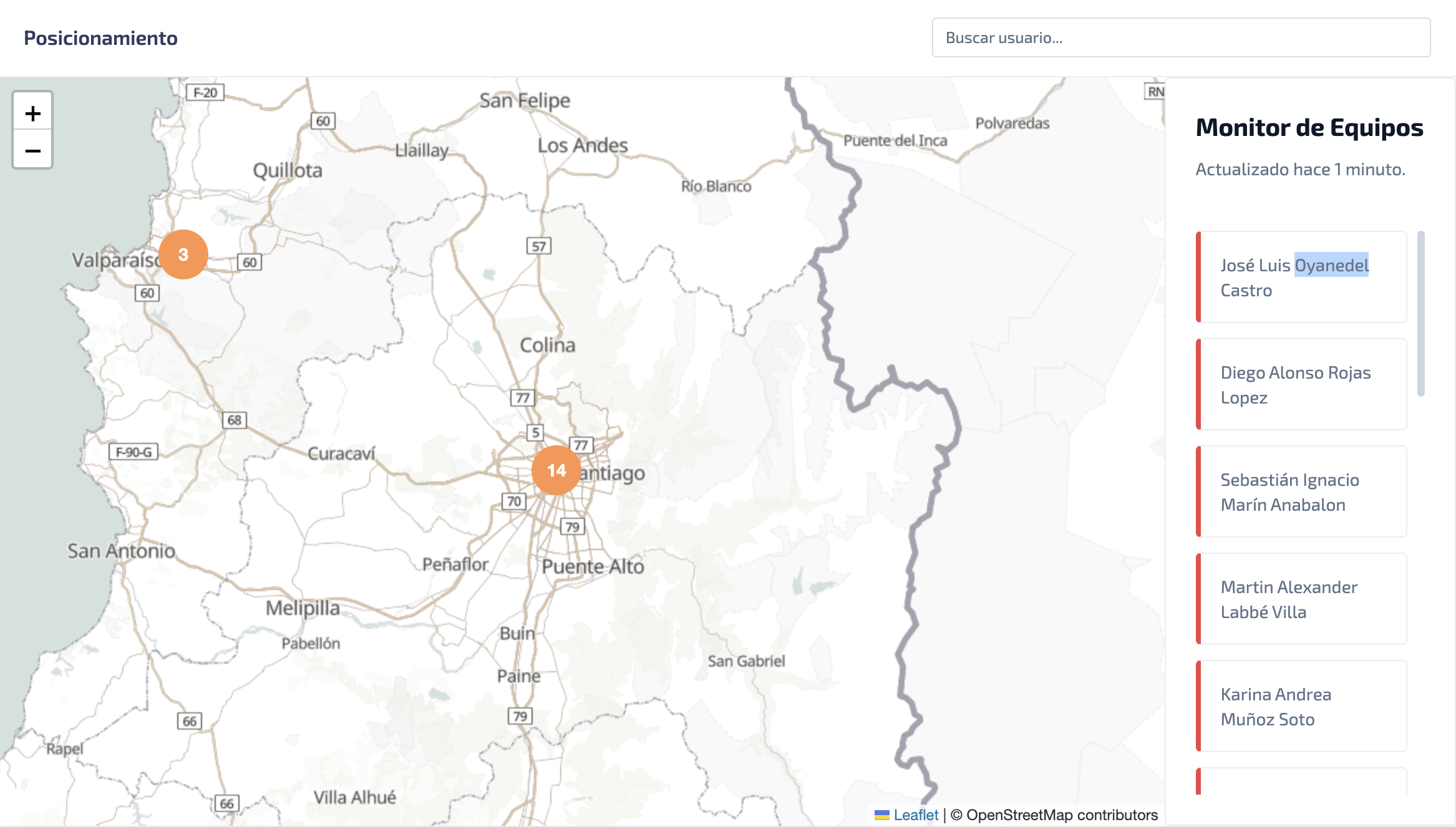 Dashboard GeoIP mostrando mapa de Chile con equipos monitoreados en tiempo real